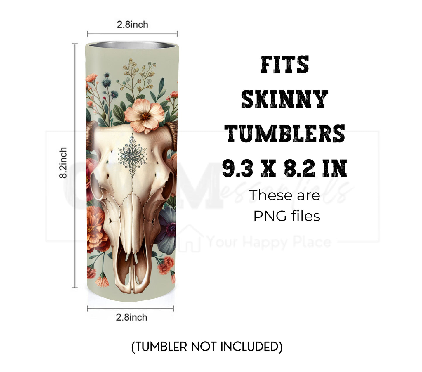 Boho Cow Skull 20 oz Skinny Tumbler Sublimation Design - PNG Instant  - DIGITAL DOWNLOAD