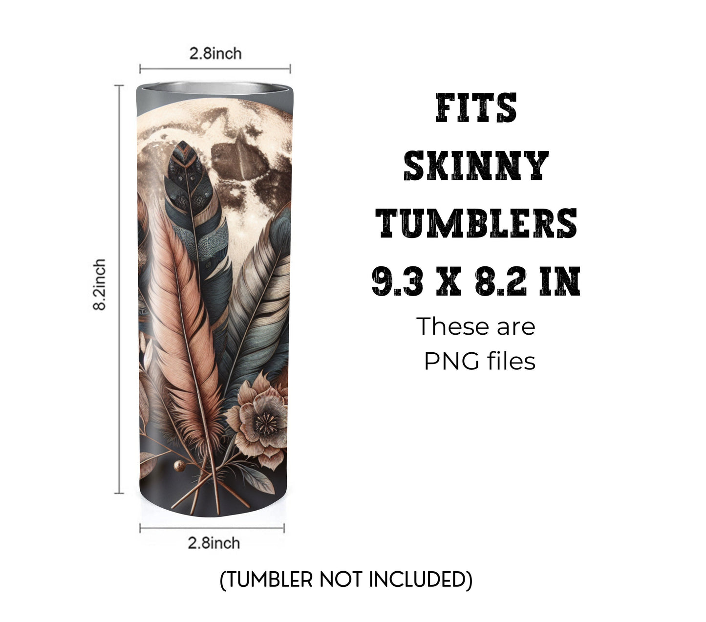 Boho Feathers & Moon 20 oz Skinny Tumbler Sublimation Design - PNG Instant  - DIGITAL DOWNLOAD