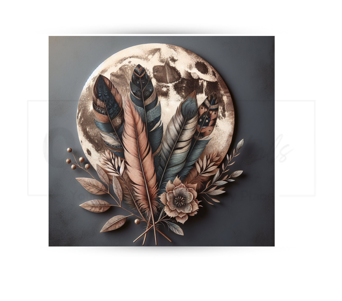 Boho Feathers & Moon 20 oz Skinny Tumbler Sublimation Design - PNG Instant  - DIGITAL DOWNLOAD