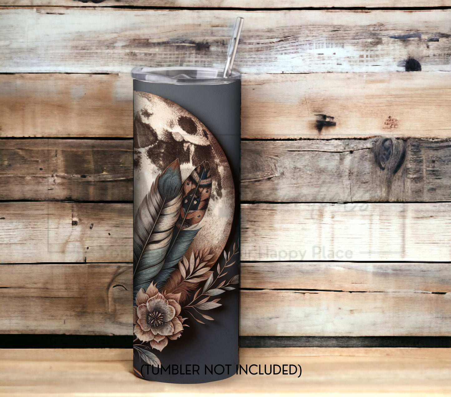 Boho Feathers & Moon 20 oz Skinny Tumbler Sublimation Design - PNG Instant  - DIGITAL DOWNLOAD