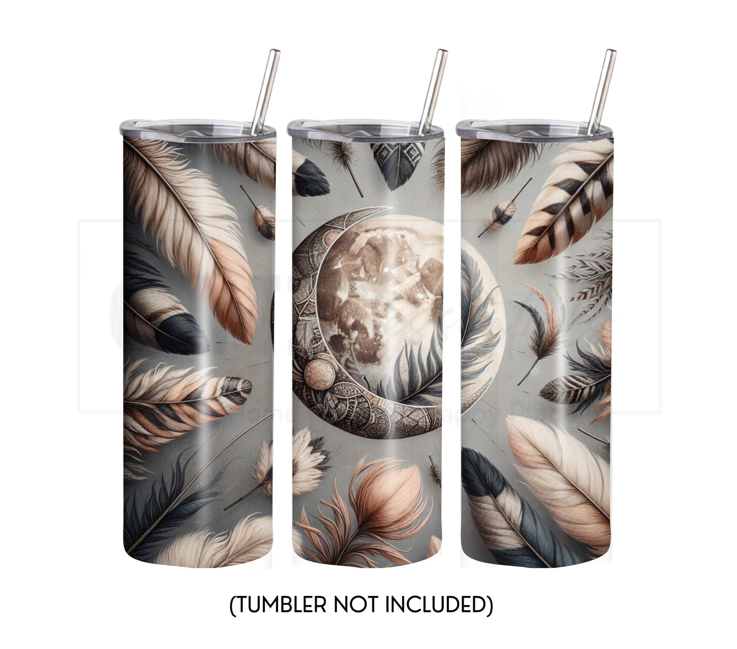 Boho Feathers & Moon 20 oz Skinny Tumbler Sublimation Design - PNG Instant  - DIGITAL DOWNLOAD
