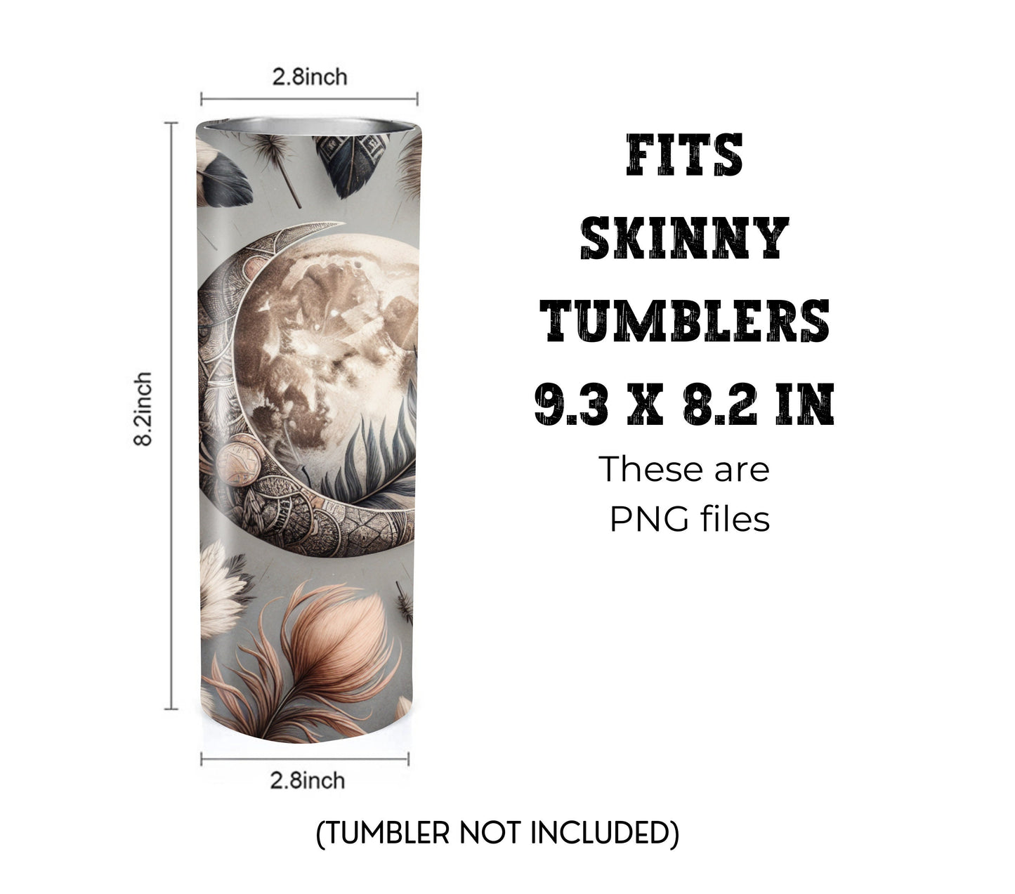 Boho Feathers & Moon 20 oz Skinny Tumbler Sublimation Design - PNG Instant  - DIGITAL DOWNLOAD