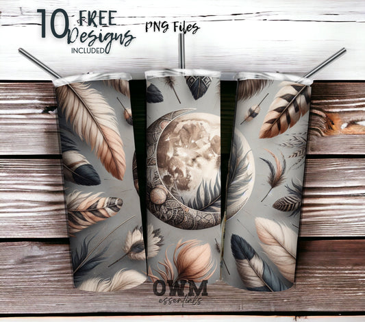 Boho Feathers & Moon 20 oz Skinny Tumbler Sublimation Design - PNG Instant  - DIGITAL DOWNLOAD