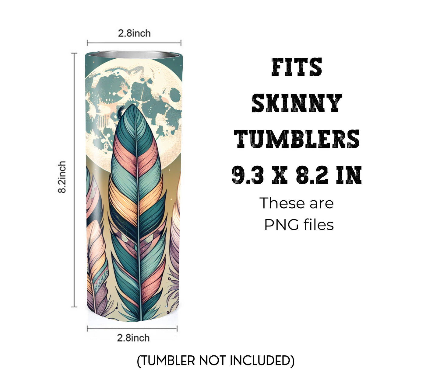 Boho Feathers & Moon 20 oz Skinny Tumbler Sublimation Design - PNG Instant  - DIGITAL DOWNLOAD