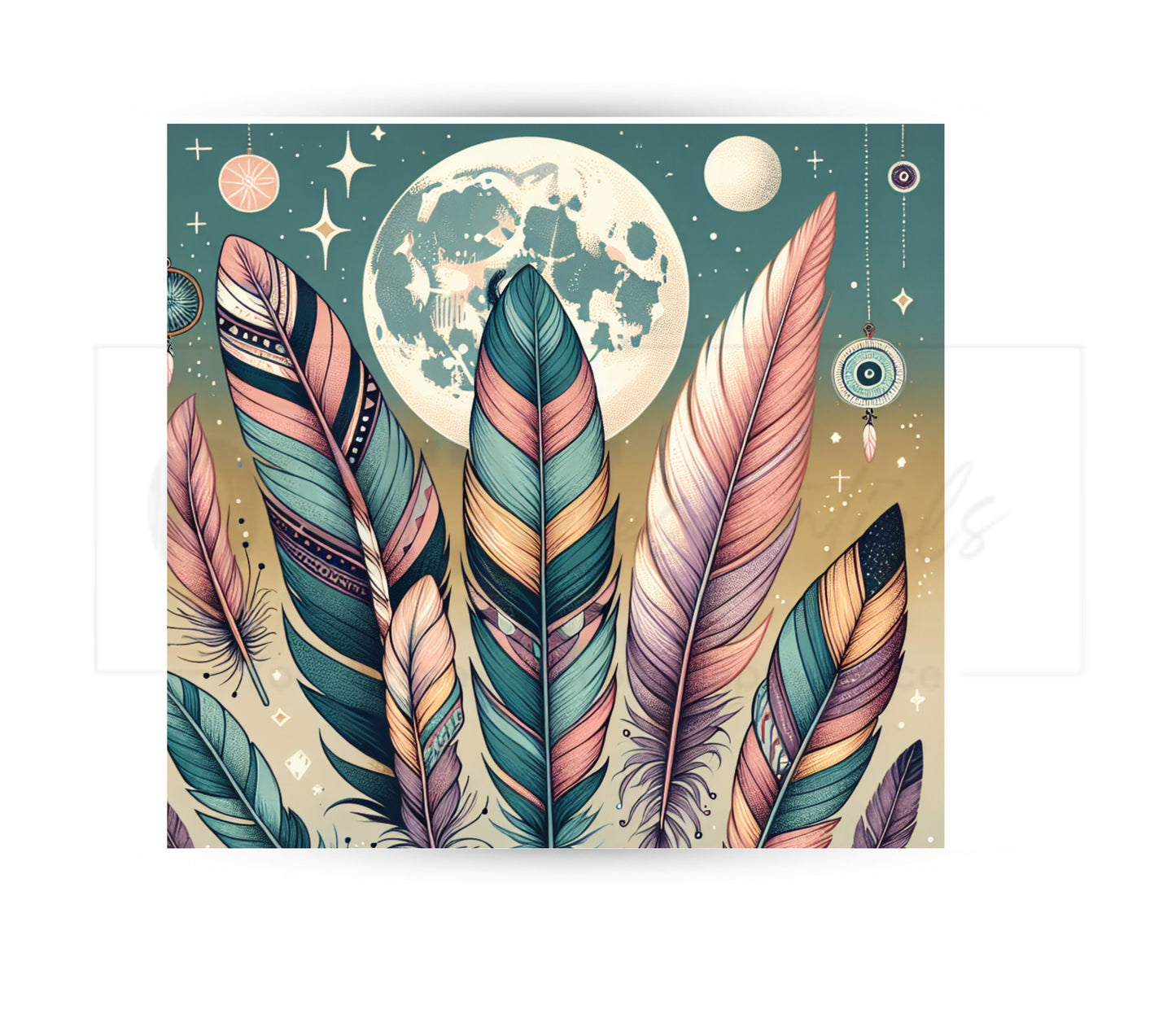Boho Feathers & Moon 20 oz Skinny Tumbler Sublimation Design - PNG Instant  - DIGITAL DOWNLOAD