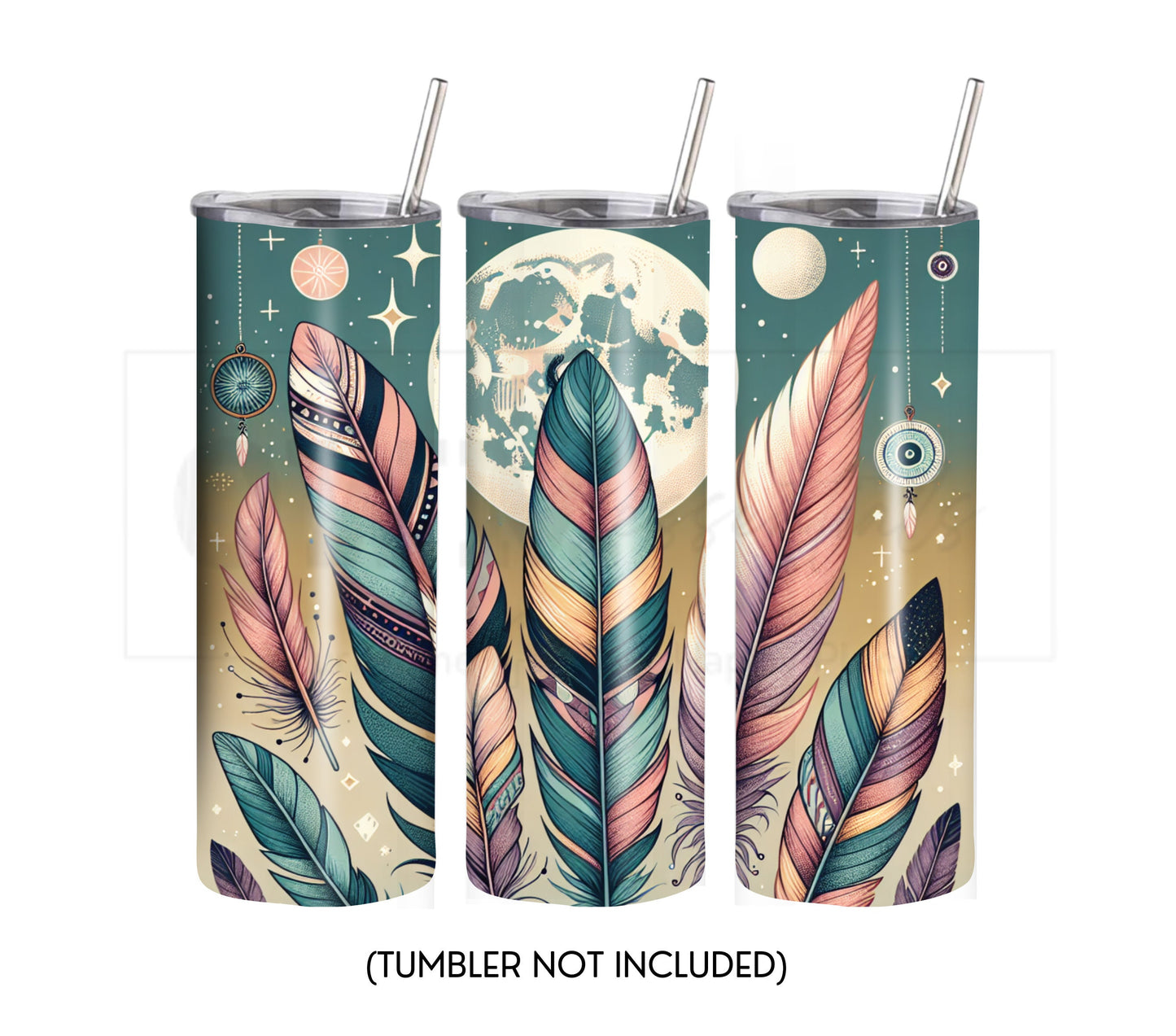 Boho Feathers & Moon 20 oz Skinny Tumbler Sublimation Design - PNG Instant  - DIGITAL DOWNLOAD