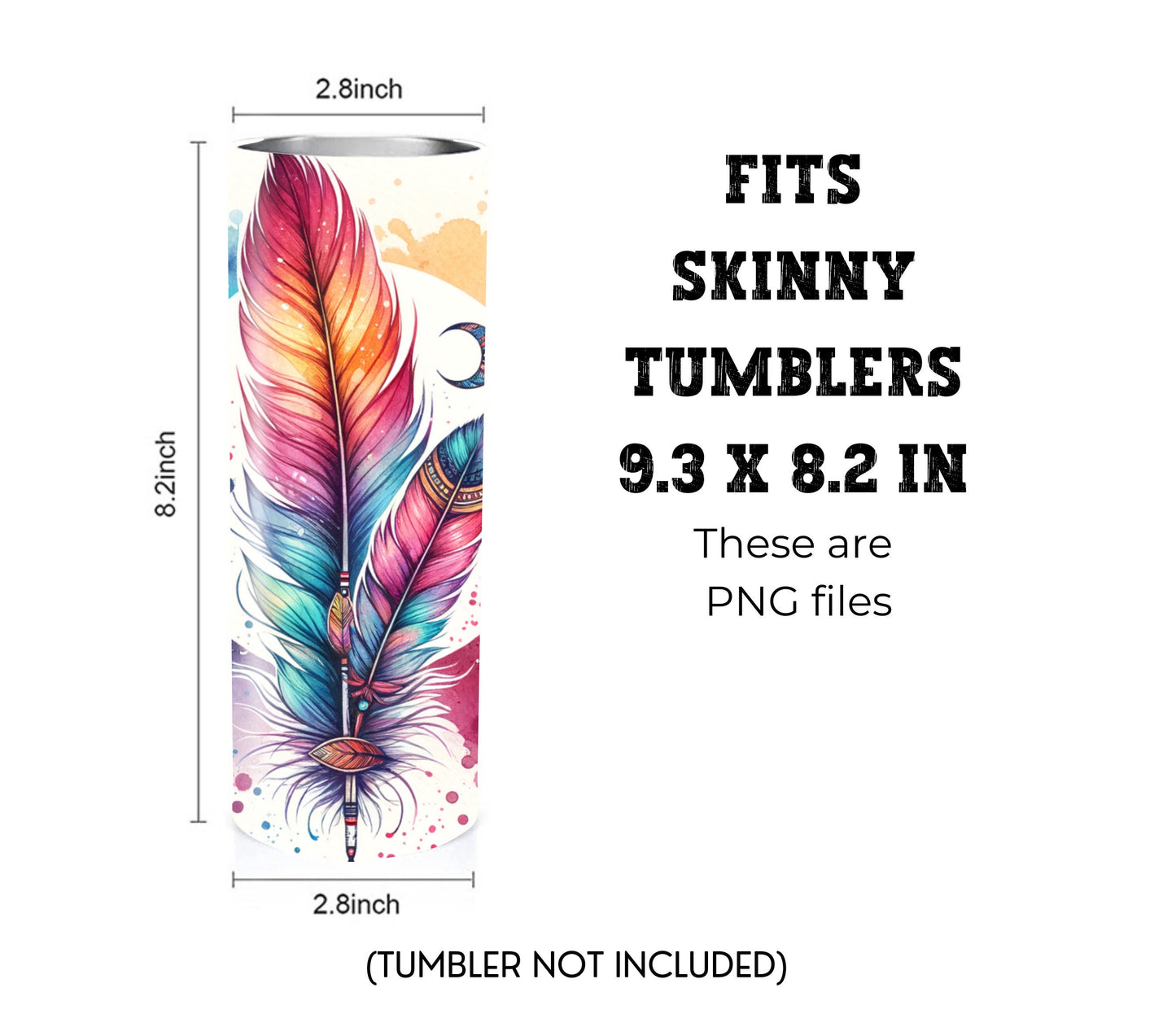 Boho Feathers & Moon 20 oz Skinny Tumbler Sublimation Design - PNG Instant  - DIGITAL DOWNLOAD
