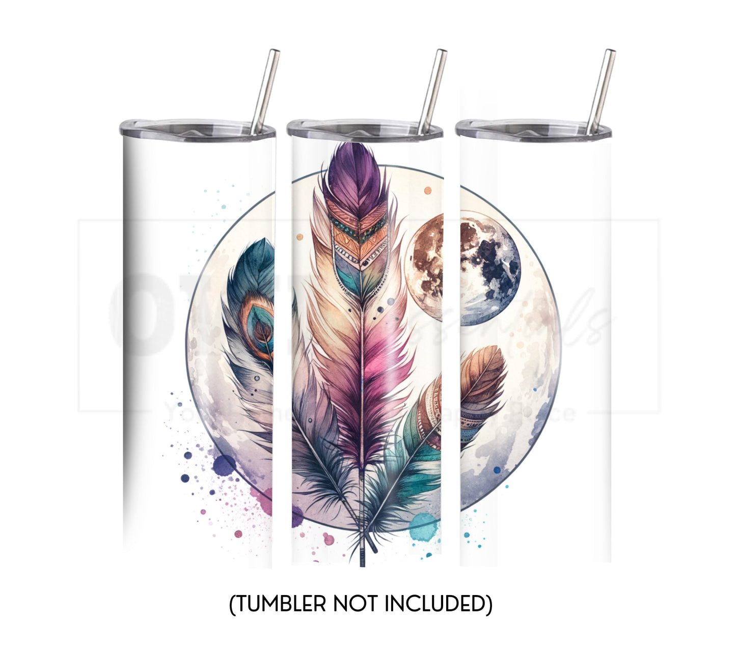 Boho Feathers & Moon 20 oz Skinny Tumbler Sublimation Design - PNG Instant  - DIGITAL DOWNLOAD