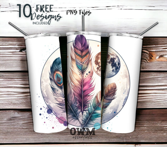 Boho Feathers & Moon 20 oz Skinny Tumbler Sublimation Design - PNG Instant  - DIGITAL DOWNLOAD