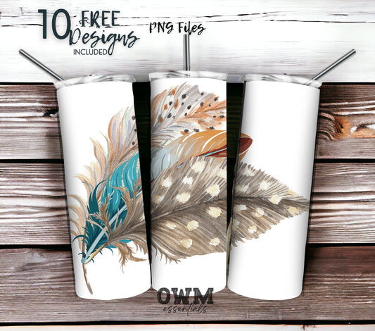 Boho Feathers 20 oz Skinny Tumbler Sublimation Design - PNG Instant  - DIGITAL DOWNLOAD