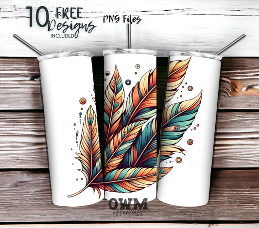 Boho Feathers 20 oz Skinny Tumbler Sublimation Design - PNG Instant  - DIGITAL DOWNLOAD