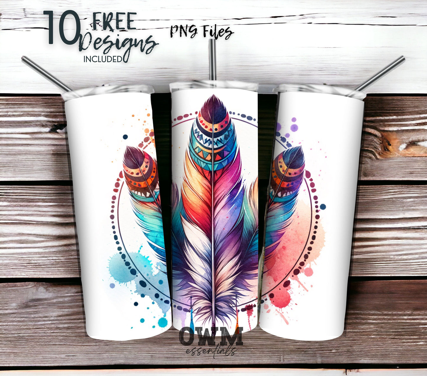 Boho Feathers 20 oz Skinny Tumbler Sublimation Design - PNG Instant  - DIGITAL DOWNLOAD