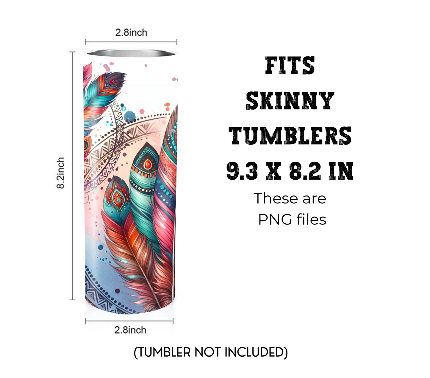 Boho Feathers 20 oz Skinny Tumbler Sublimation Design - PNG Instant  - DIGITAL DOWNLOAD