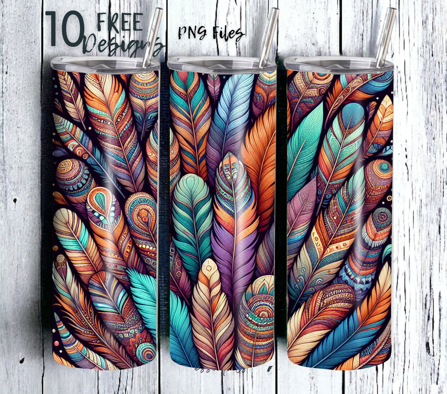 Colorful boho feathers sublimation tumbler design, feather sublimation tumbler designs