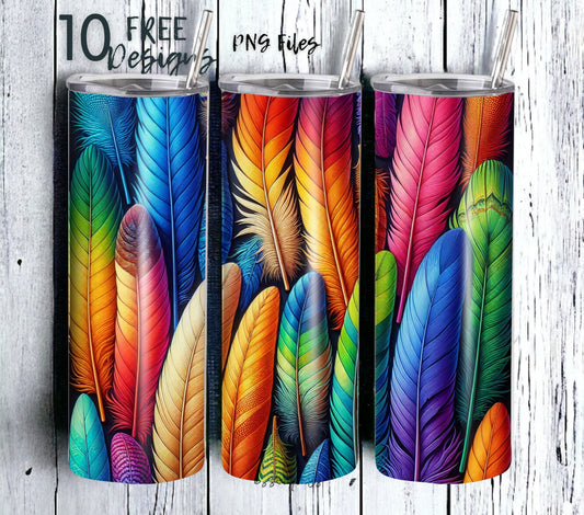 Boho Feathers 20 oz Skinny Tumbler Sublimation Design - PNG Instant  - DIGITAL DOWNLOAD