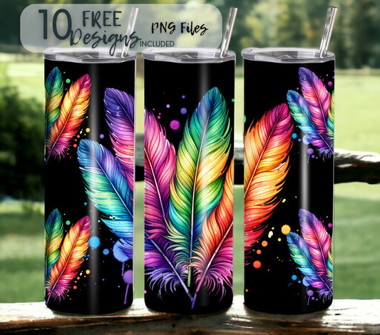 Colorful Rainbow boho feathers, sublimation design, rainbow feathers