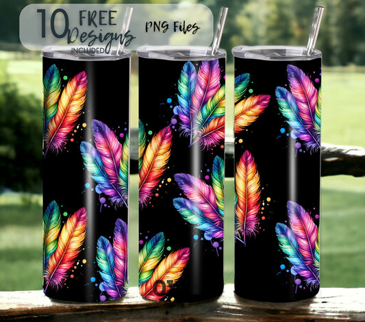 Boho Feathers 20 oz Skinny Tumbler Sublimation Design - PNG Instant  - DIGITAL DOWNLOAD