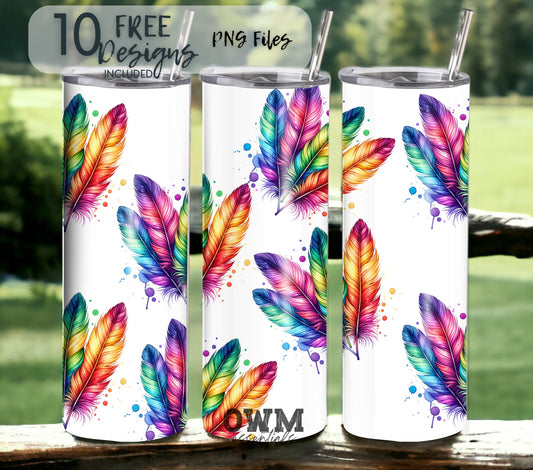 Boho Feathers 20 oz Skinny Tumbler Sublimation Design - PNG Instant  - DIGITAL DOWNLOAD
