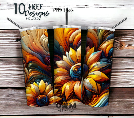 Sunflower Art 20 oz Skinny Tumbler Sublimation Design - PNG Instant  - DIGITAL DOWNLOAD