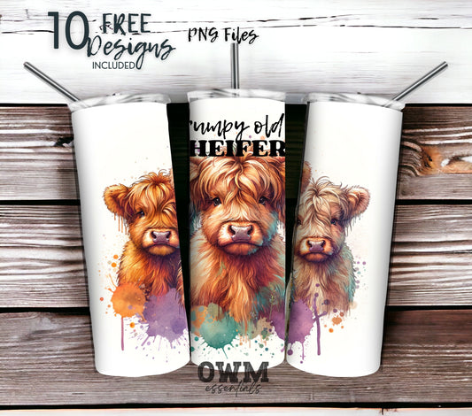 Grumpy Highland Cow 20 oz Skinny Tumbler Sublimation Design - PNG Instant  - DIGITAL DOWNLOAD