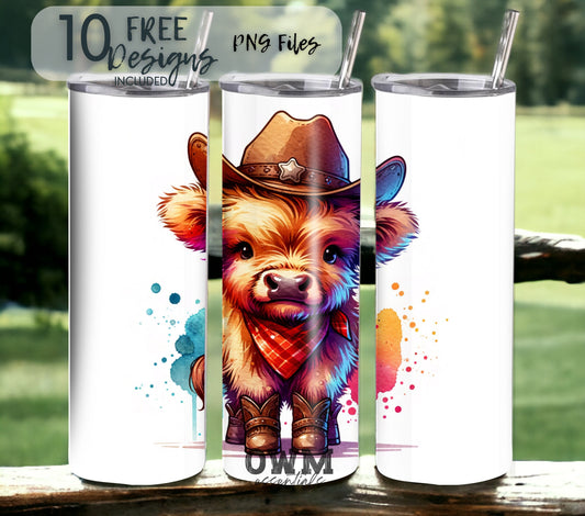 Cute Highland cow cowboy sublimation tumbler design