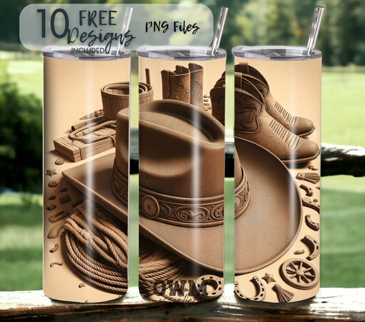Cowboy Hat and Boots 20 oz Skinny Tumbler Sublimation Design - PNG Instant  - DIGITAL DOWNLOAD