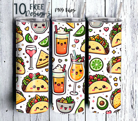 Tacos and Tequila Cinco De Mayo 20 oz Skinny Tumbler Sublimation Design - PNG Instant  - DIGITAL DOWNLOAD