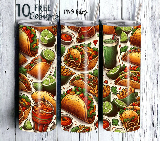 Tacos and Tequila Cinco De Mayo 20 oz Skinny Tumbler Sublimation Design - PNG Instant  - DIGITAL DOWNLOAD