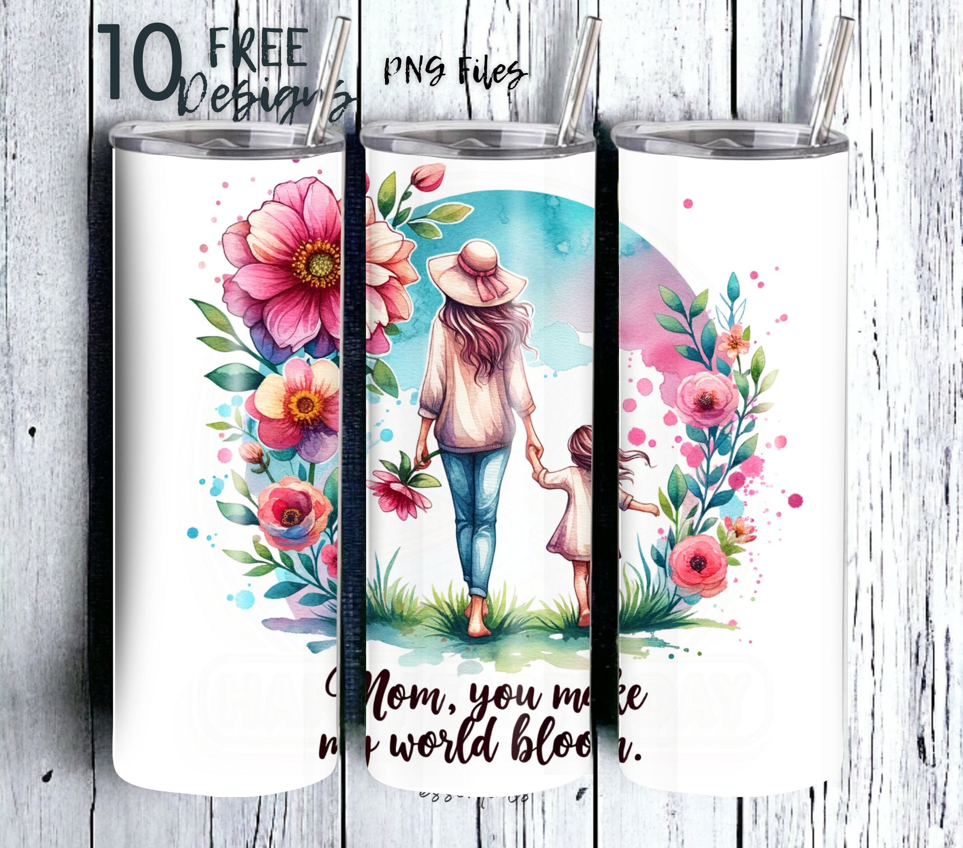 Mothers Day tumbler sublimation design, flowers, mother and daughter, colorful