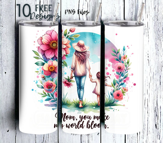 Mothers Day tumbler sublimation design, flowers, mother and daughter, colorful