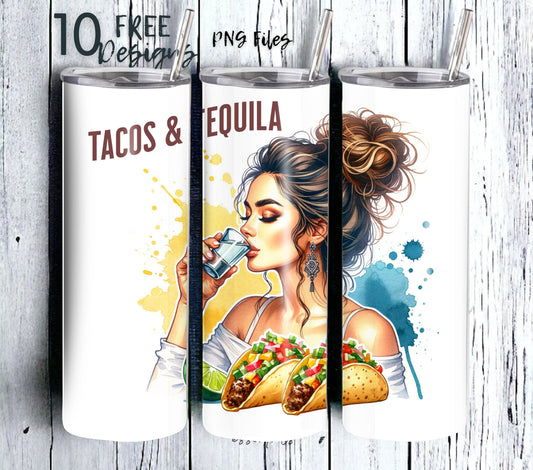Tacos and Tequila Cinco De Mayo 20 oz Skinny Tumbler Sublimation Design - PNG Instant  - DIGITAL DOWNLOAD