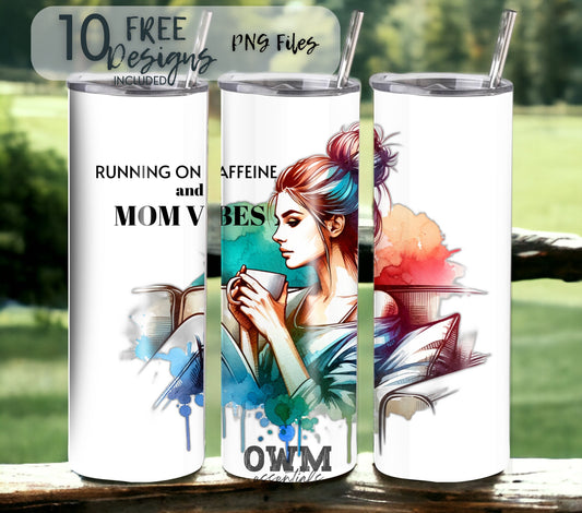 Running on Caffeine an Mom Vibes 20 oz Skinny Tumbler Sublimation Design - PNG Instant  - DIGITAL DOWNLOAD