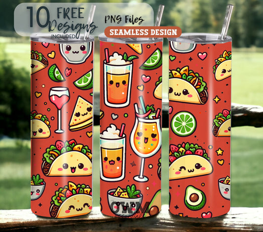 Tacos and Tequila Cinco De Mayo 20 oz Skinny Tumbler Sublimation Design - Seamless - PNG Instant  - DIGITAL DOWNLOAD