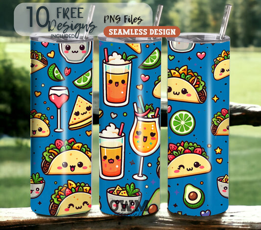 Tacos and Tequila Cinco De Mayo 20 oz Skinny Tumbler Sublimation Design - Seamless - PNG Instant  - DIGITAL DOWNLOAD