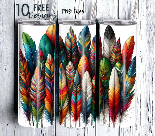 Boho Feathers 20 oz Skinny Tumbler Sublimation Design - PNG Instant  - DIGITAL DOWNLOAD