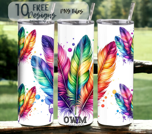 Boho Feathers 20 oz Skinny Tumbler Sublimation Design - PNG Instant  - DIGITAL DOWNLOAD