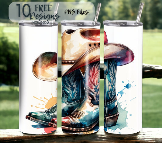Cowboy Hat and Boots 20 oz Skinny Tumbler Sublimation Design - PNG Instant  - DIGITAL DOWNLOAD