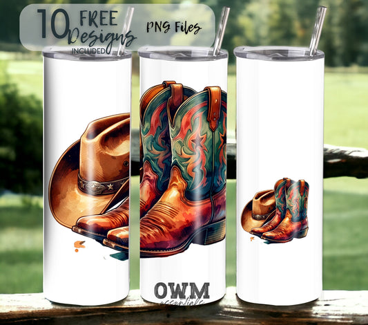 Cowboy Hat and Boots 20 oz Skinny Tumbler Sublimation Design - PNG Instant  - DIGITAL DOWNLOAD