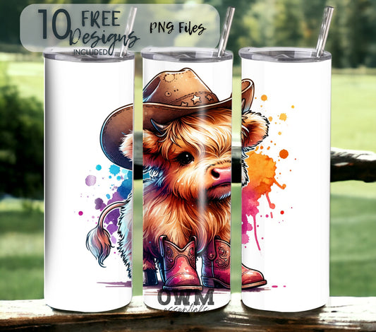 cute highland cow cowboy tumbler sublimation design