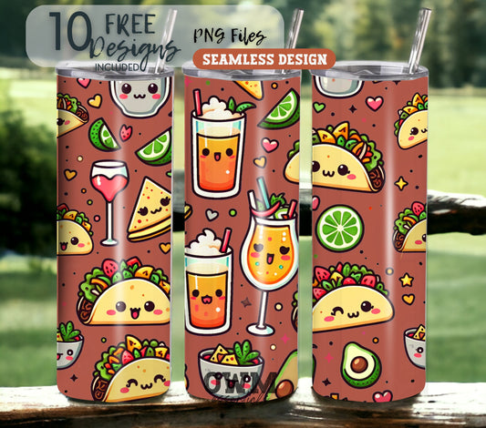 Tacos and Tequila Cinco De Mayo 20 oz Skinny Tumbler Sublimation Design - Seamless - PNG Instant  - DIGITAL DOWNLOAD